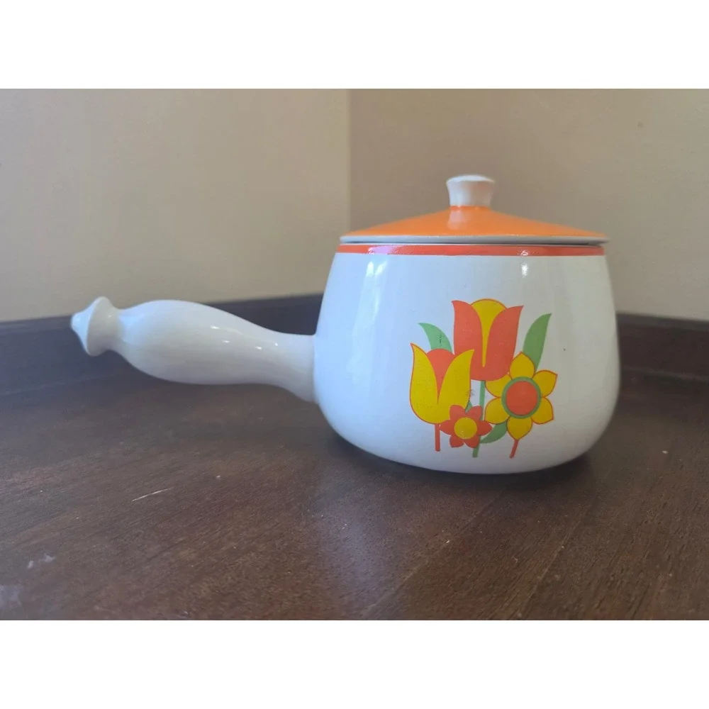 Vintage 1970s Floral Oven Proof Stoneware Pot with Orange Lid & Handle - Retro